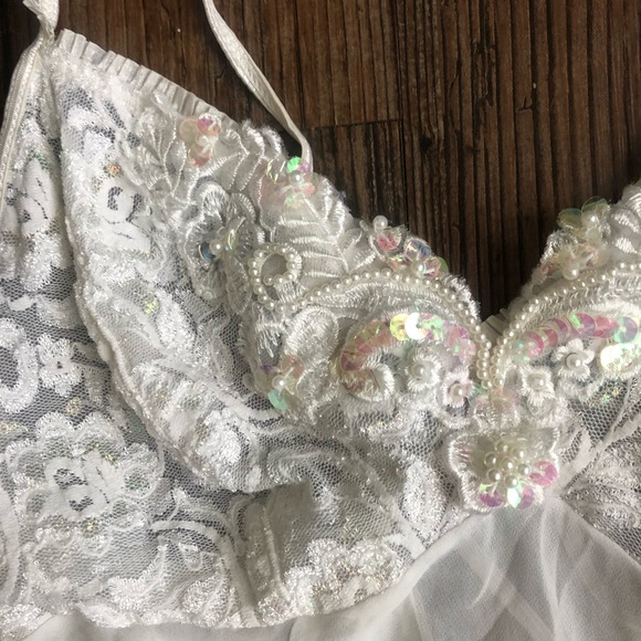 Vintage Cream Lace Sequin Beaded Nighty Slip - Picture 5 of 11